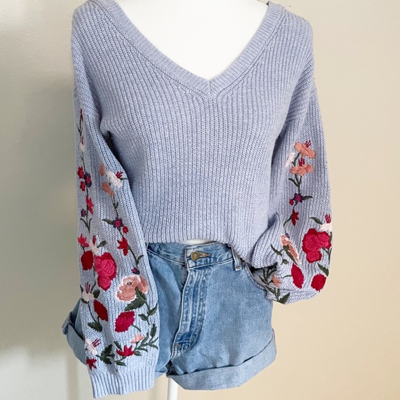 American Eagle Outfitters Sweaters - American Eagle Embroidered Flower Floral Sleeve Knit Blue V Neck Sweater Sz XS